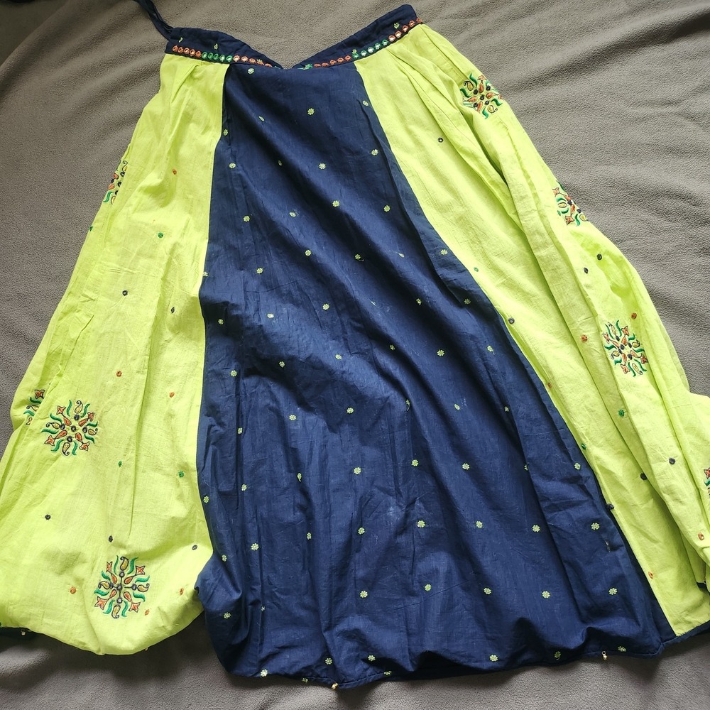 Unbranded Maxi Skirt Womens Large Green Navy Embroidered Indian Mirror Sequin